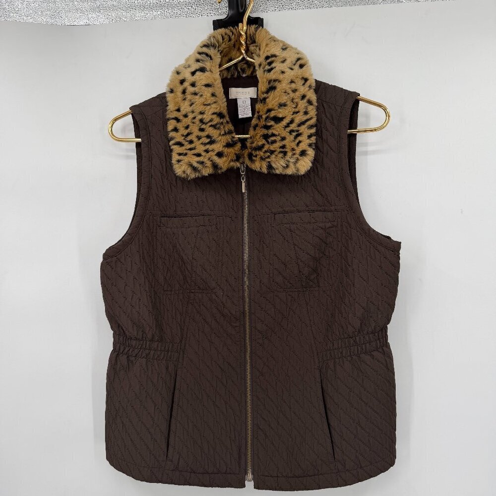 Chico’s Faux Fur Leopard Collar Quilted Vest Winter Brown Size 0 US (4-6 )